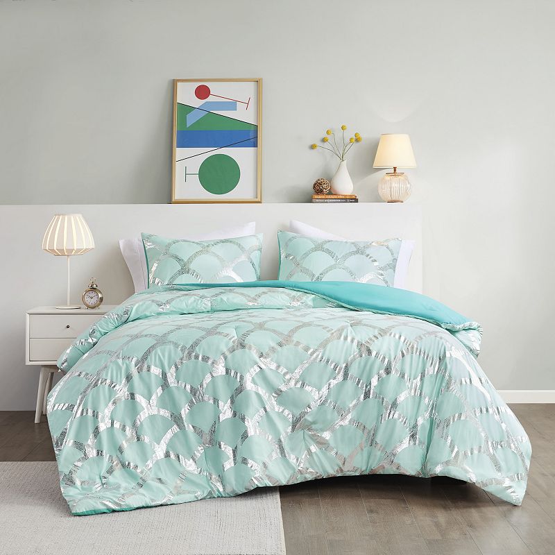 Intelligent Design Kaylee Metallic Printed Antimicrobial Comforter Set, Blu