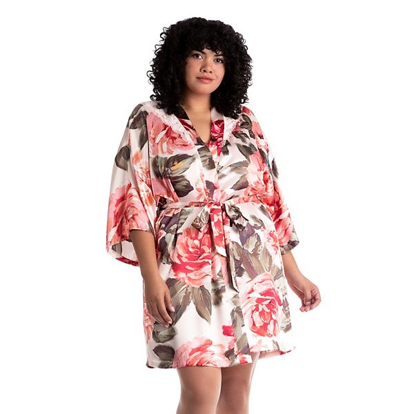 Plus Size Lilac London Print Satin Wrap Robe