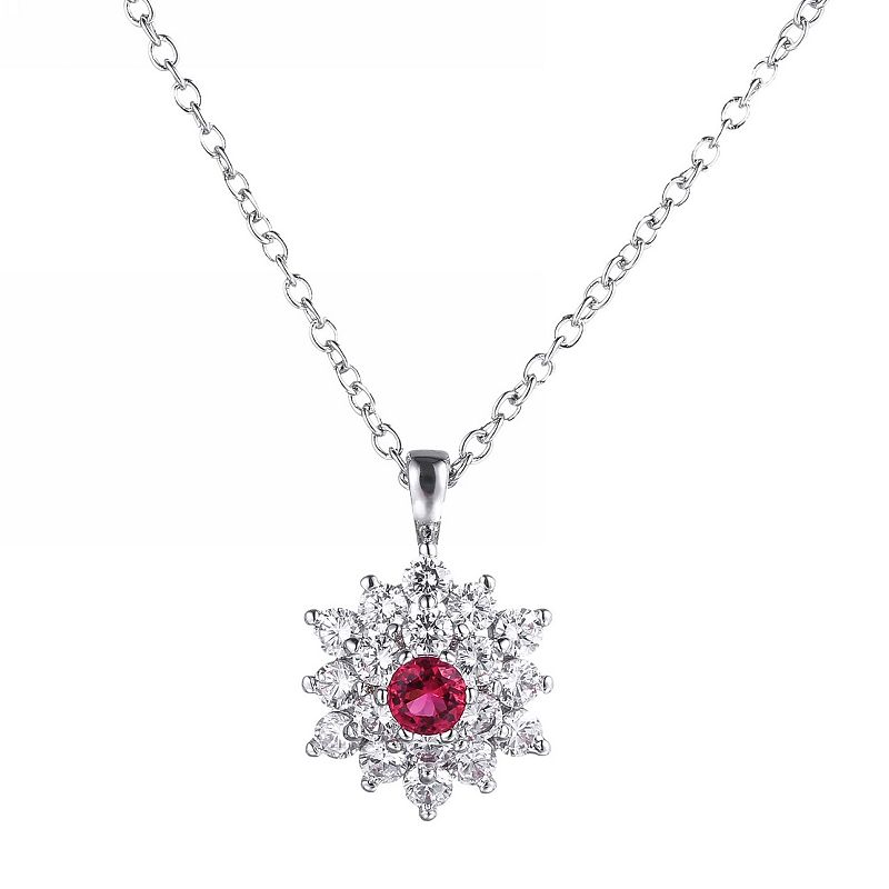 A&M Silver-Tone Ruby Accent Cubic Zirconia Flower Pendant Necklace, Women