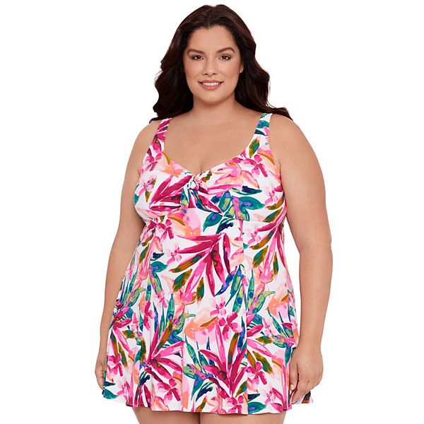 Plus Size Bal Harbour Floral Bow Front One-Piece Swim Dress