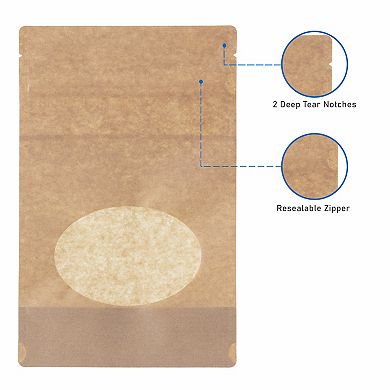 Stand Up Pouches, Kraft Paper Resealable Stand Up Pouch With Window, Zipper Closure, Food Storage 100 pcs