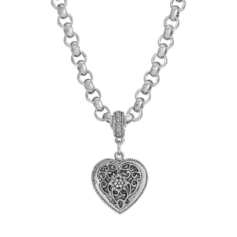1928 Silver Tone Filigree Heart Necklace, Womens