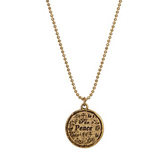 1928 Gold Tone Multi Language Round Peace Medallion Necklace