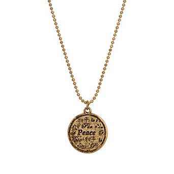 1928 Gold Tone Multi Language Round Peace Medallion Necklace