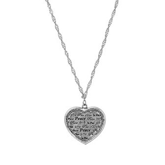 1928 Pewter Multi Language Peace Heart Medallion Necklace