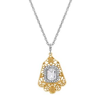 1928 Silver Tone Crystal Gold Filigree Pendant Necklace