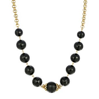 1928 Gold Tone Black Beaded Necklace