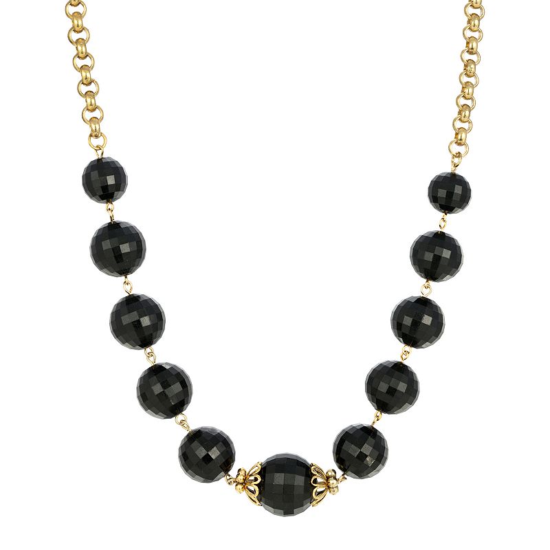 1928 Gold Tone Black Beaded Necklace, Womens