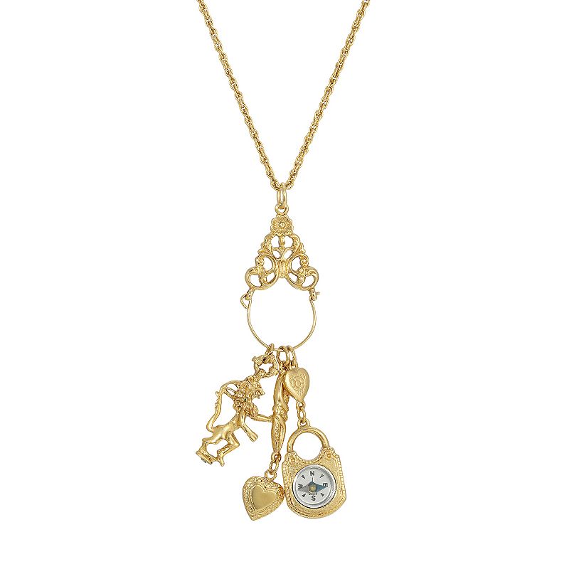 1928 Compass Heart Charm Necklace, Womens, Gold