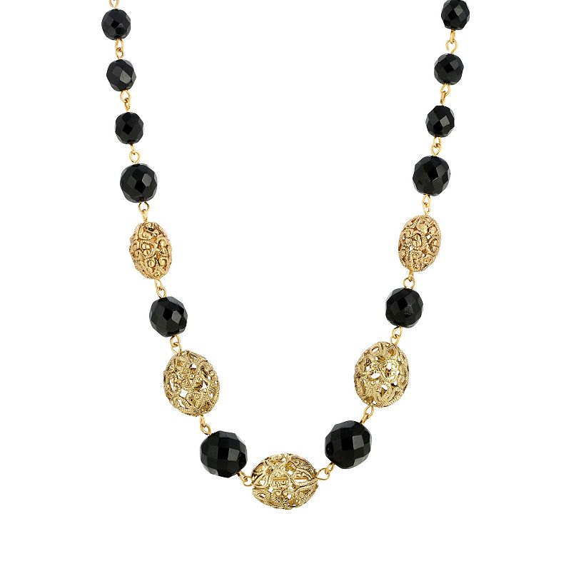 1928 Gold Tone Filigree Bead and Black Beaded Necklace, Womens
