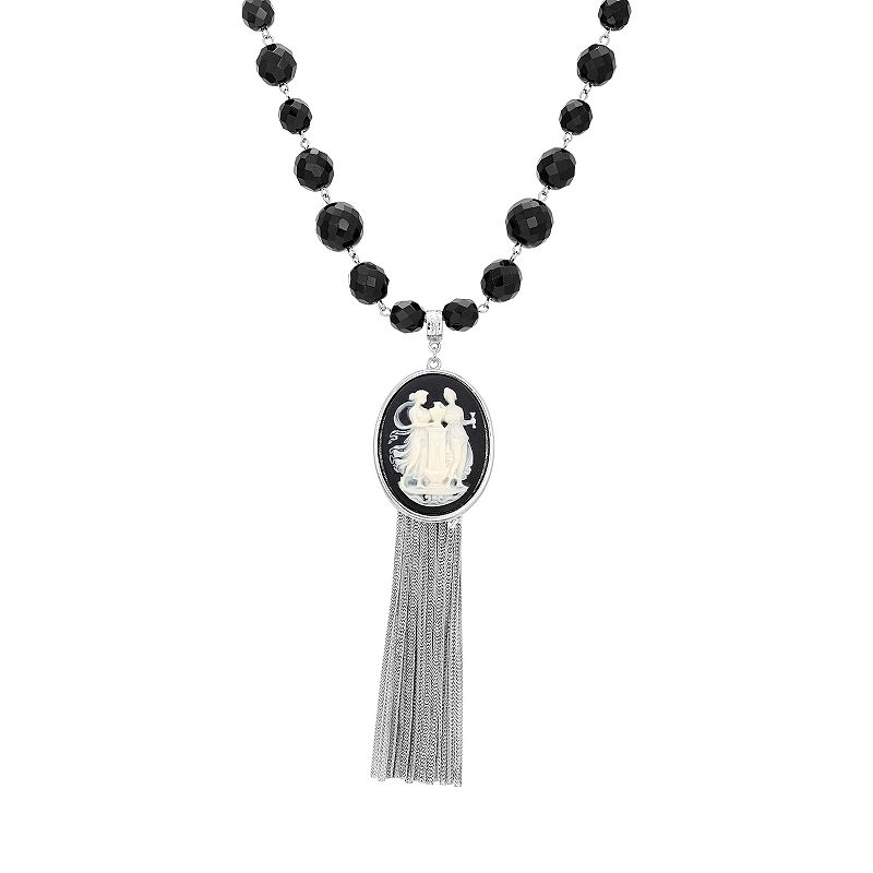 1928 Silver Tone Black Cameo Chain Fringe Drop Necklace, Womens, Turquoise