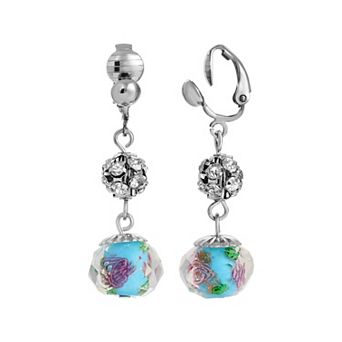1928 Silver Tone Flower Beaded Clip On Earrings