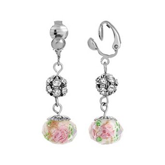 1928 Silver Tone Flower Beaded Clip On Earrings