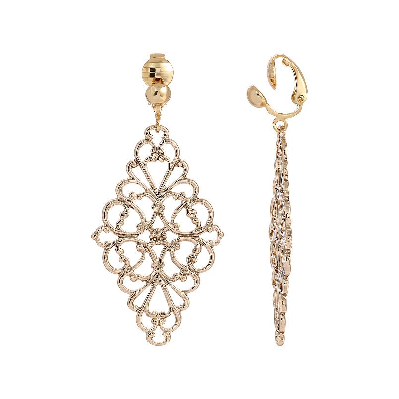 1928 Gold Tone Filigree Diamond Clip On Earrings