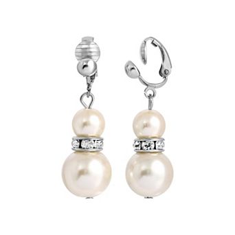 1928 Silver Tone Faux Pearl & Crystal Clip Earrings