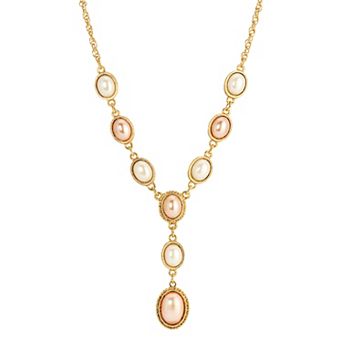 1928 Gold Tone Pink Pearl Y-Necklace