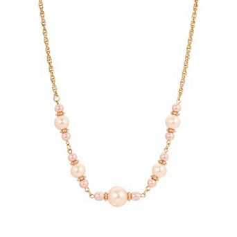 1928 Gold Tone Pink Pearl Necklace