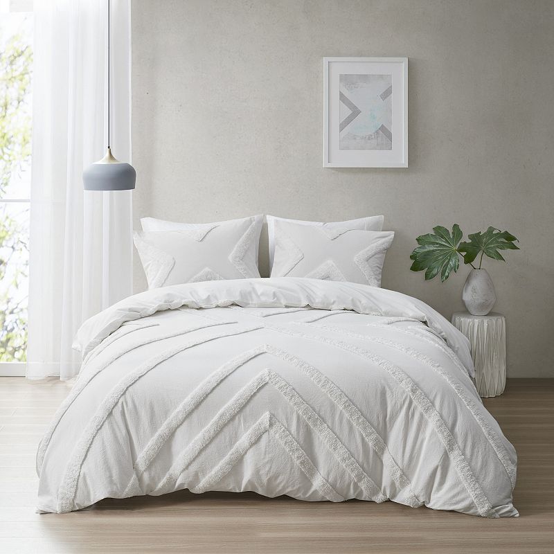 Urban Habitat Zane Cotton Chenille Geometric Duvet Cover Set, White, Full/Q