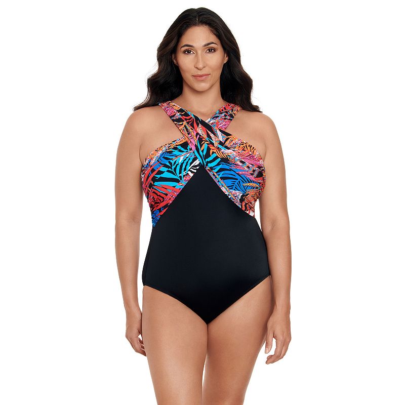 Womens Great Lengths Long Torso D-Cup Print Halter One-Piece Swimsuit, Siz
