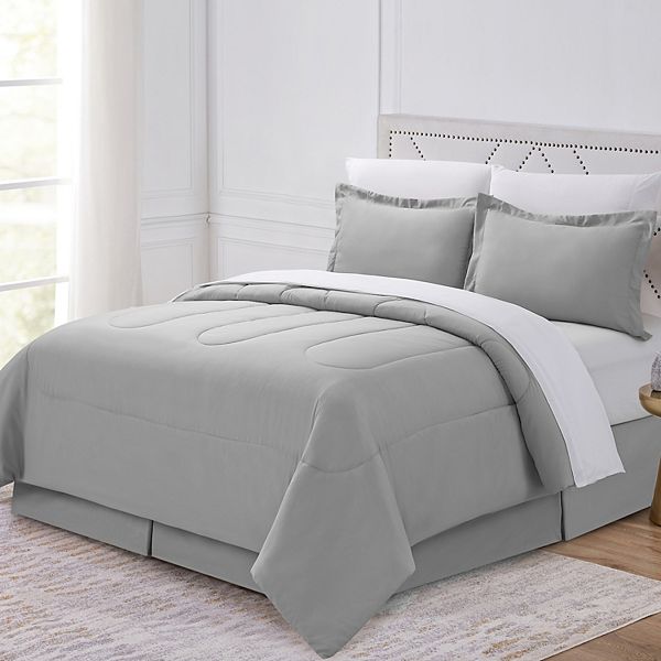 8PC King Complete Bedding Set (Comforter, Sheets, Pillowcases, Bed Skirt, Shams) Bed In A Bag, Lt Gray
