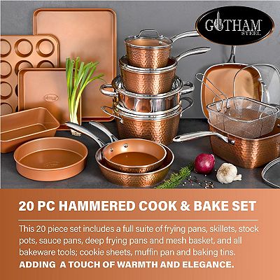 Gotham Steel Hammered Copper 20 Piece Nonstick Cookware Set