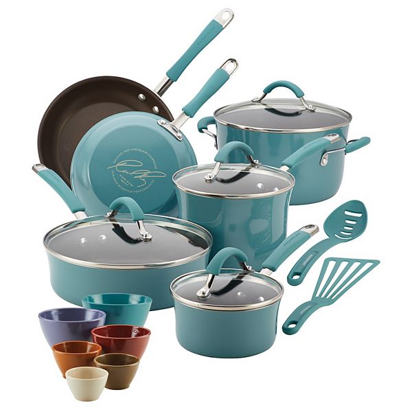 Rachael Ray Cucina Hard Enamel 18pc Nonstick Cookware and Measuring Cup Set Blue