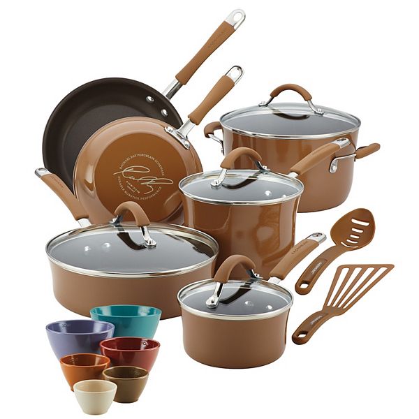 Rachael Ray Cucina Hard Enamel Nonstick Cookware and Measuring Cup Set, 18-Piece, Brown
