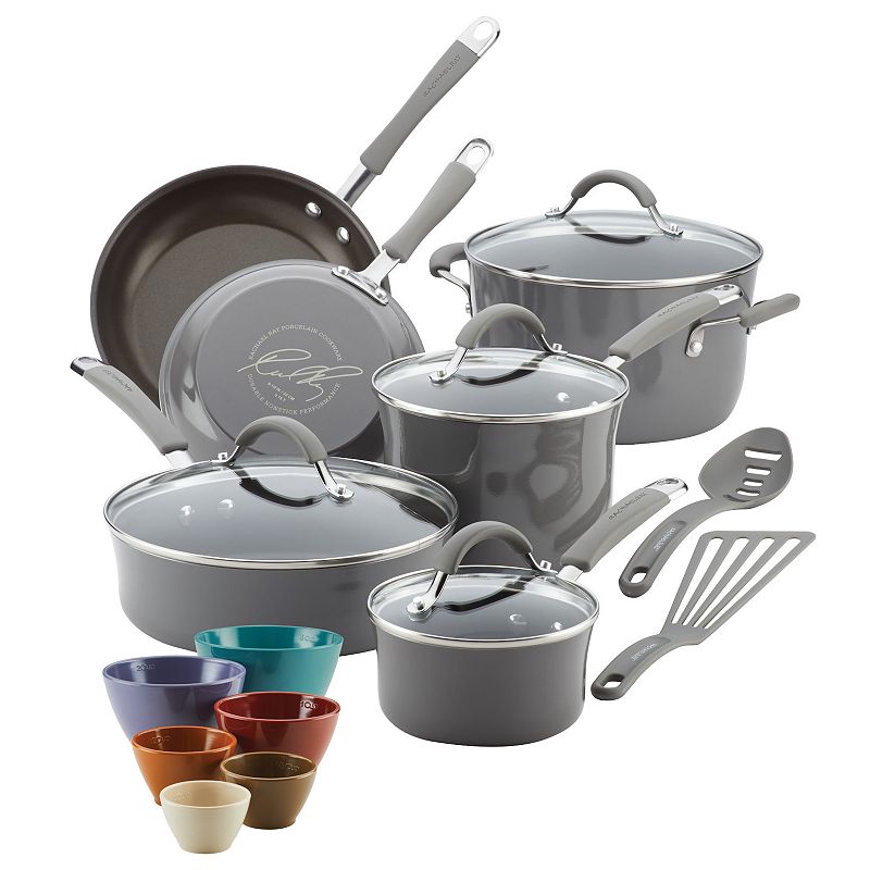 Rachael Ray Cucina Hard Enamel Nonstick Cookware and Prep Bowl Set  18-Piece  Gray