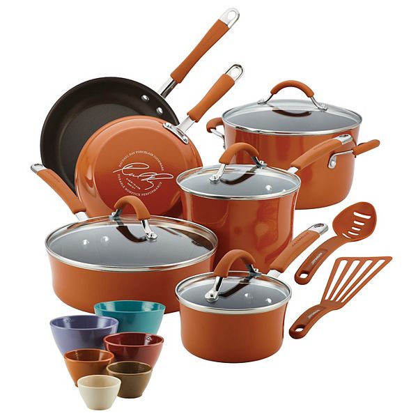 Rachael Ray Cucina Hard Enamel Nonstick Cookware and Measuring Cup Set, 18-Piece, Orange
