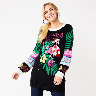 Women s Celebrate Together Crewneck Flamingo Tunic Christmas Sweater