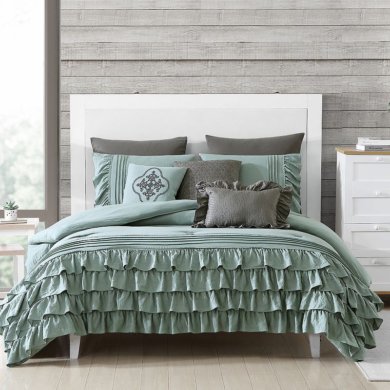 Marie Claire Ruffled Comforter Set with Shams, Green, King