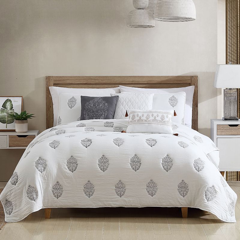 Marie Claire Washed Quilt Set with Shams, White, Queen