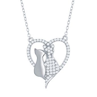 Argento Bella Sterling Silver Cubic Zirconia Heart & Two Center Cats Pendant Necklace