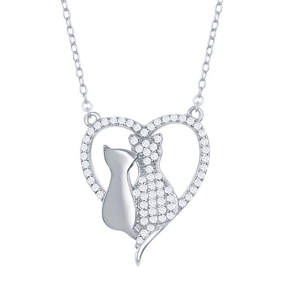 Sterling Silver Cubic Zirconia Heart & Two Center Cats Pendant Necklace