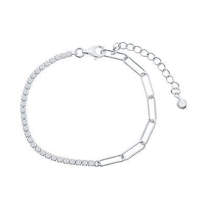 Argento Bella Cubic Zirconia Half Tennis & Half Paper Clip Bracelet