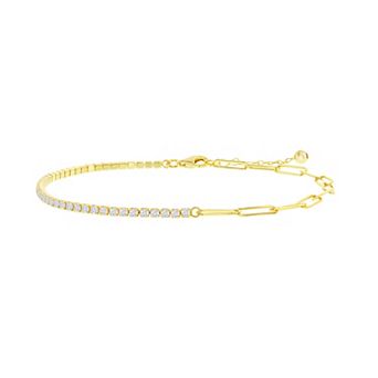 Argento Bella Cubic Zirconia Half Tennis & Half Paper Clip Anklet