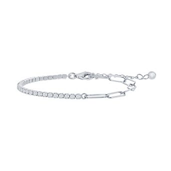 Argento Bella Cubic Zirconia Half Tennis & Half Paper Clip Anklet