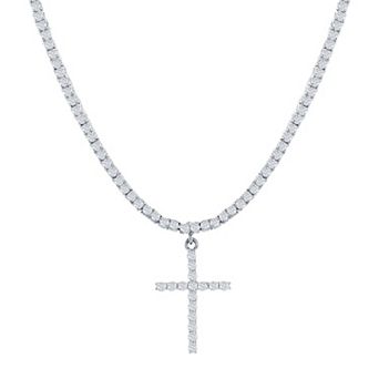 Argento Bella Cubic Zirconia Cross Pendant Tennis Chain Necklace