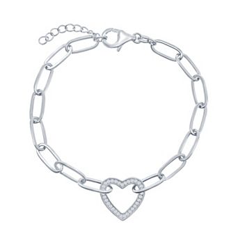 Argento Bella Cubic Zirconia Open Heart Paper Clip Bracelet
