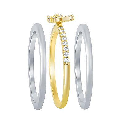 Argento Bella Two Tone 3 Piece Cubic Zirconia Butterfly Ring
