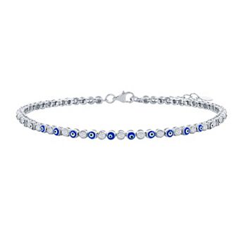 Argento Bella Sterling Silver Cubic Zirconia & Evil Eye Blue Enamel Tennis Anklet