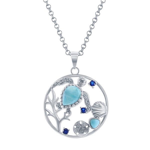 Sterling Silver Larimar & Simulated Sapphire Sea Life Pendant Necklace