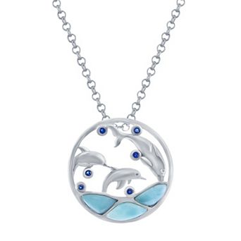 Nautica Rocks Sterling Silver Larimar & Simulated Sapphire Dolphins Pendant Necklace