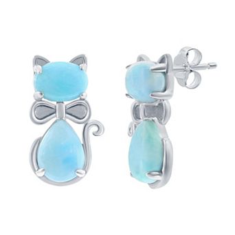 Nautica Rocks Sterling Silver Genuine Larimar Cat Stud Earrings