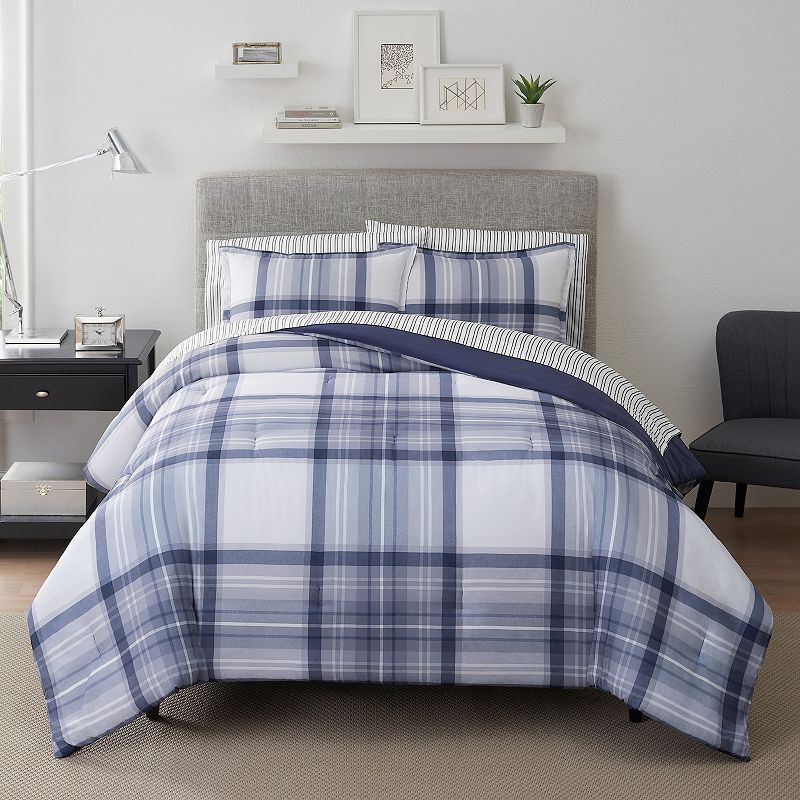 Serta Simply Clean Scott Plaid Antimicrobial Comforter Set with Sheets, Blu