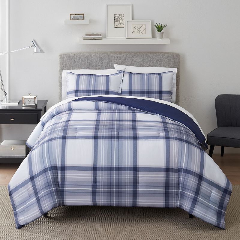 Serta Simply Clean Scott Plaid Antimicrobial Comforter Set with Shams, Blue