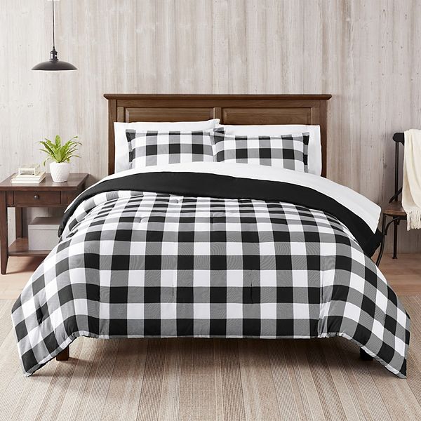 3pc King Alex Buffalo Check Plaid Antimicrobial Comforter Set Black/White - Serta: Year Round, Machine Washable, Plain Weave