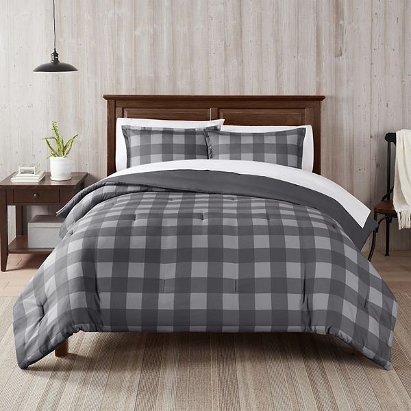 2pc Twin/Twin Extra Long Alex Buffalo Check Plaid Antimicrobial Comforter Set Gray - Serta