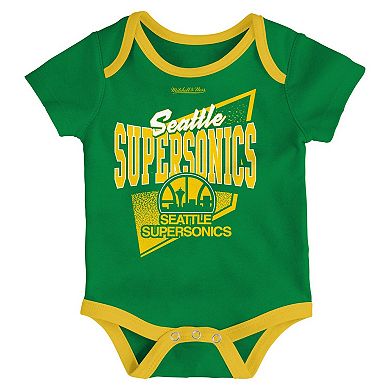 Newborn & Infant Mitchell & Ness Green/Gold Seattle SuperSonics 3-Piece Hardwood Classics Bodysuits & Cuffed Knit Hat Set