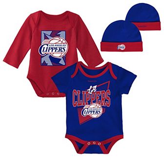 Newborn & Infant Mitchell & Ness Royal/Red LA Clippers 3 pc Hardwood Classics Bodysuits & Cuffed Knit Hat Set